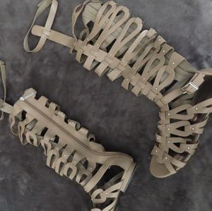 Taupe, Above the knee, Flat, Gladiator Sandals